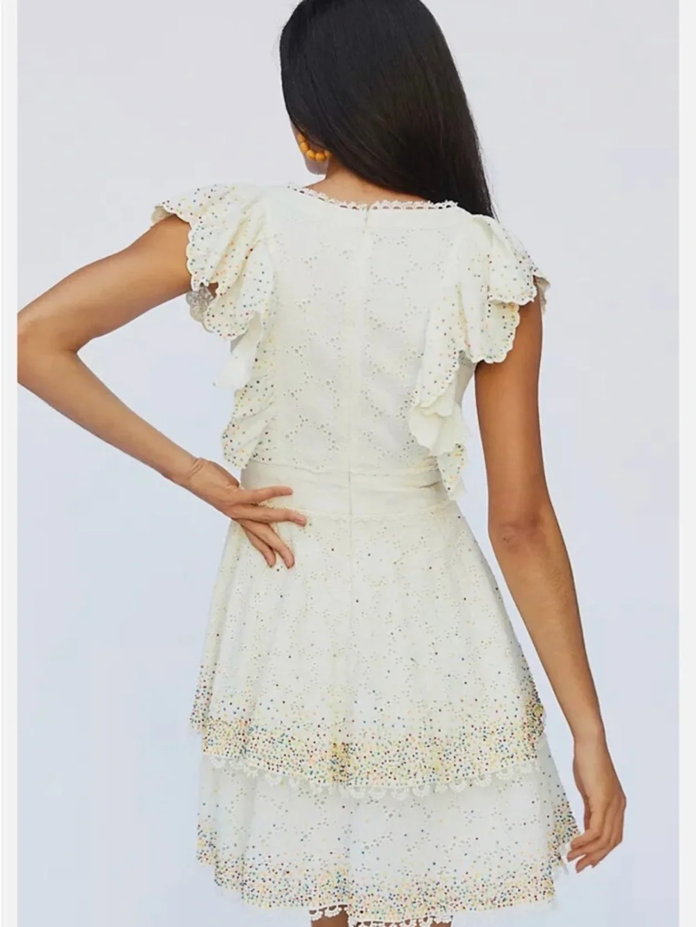 FARM Rio Ivory Eyelet Ruffle V-Neck Dress with Multicolor Beaded Dots - Picture 5 of 16